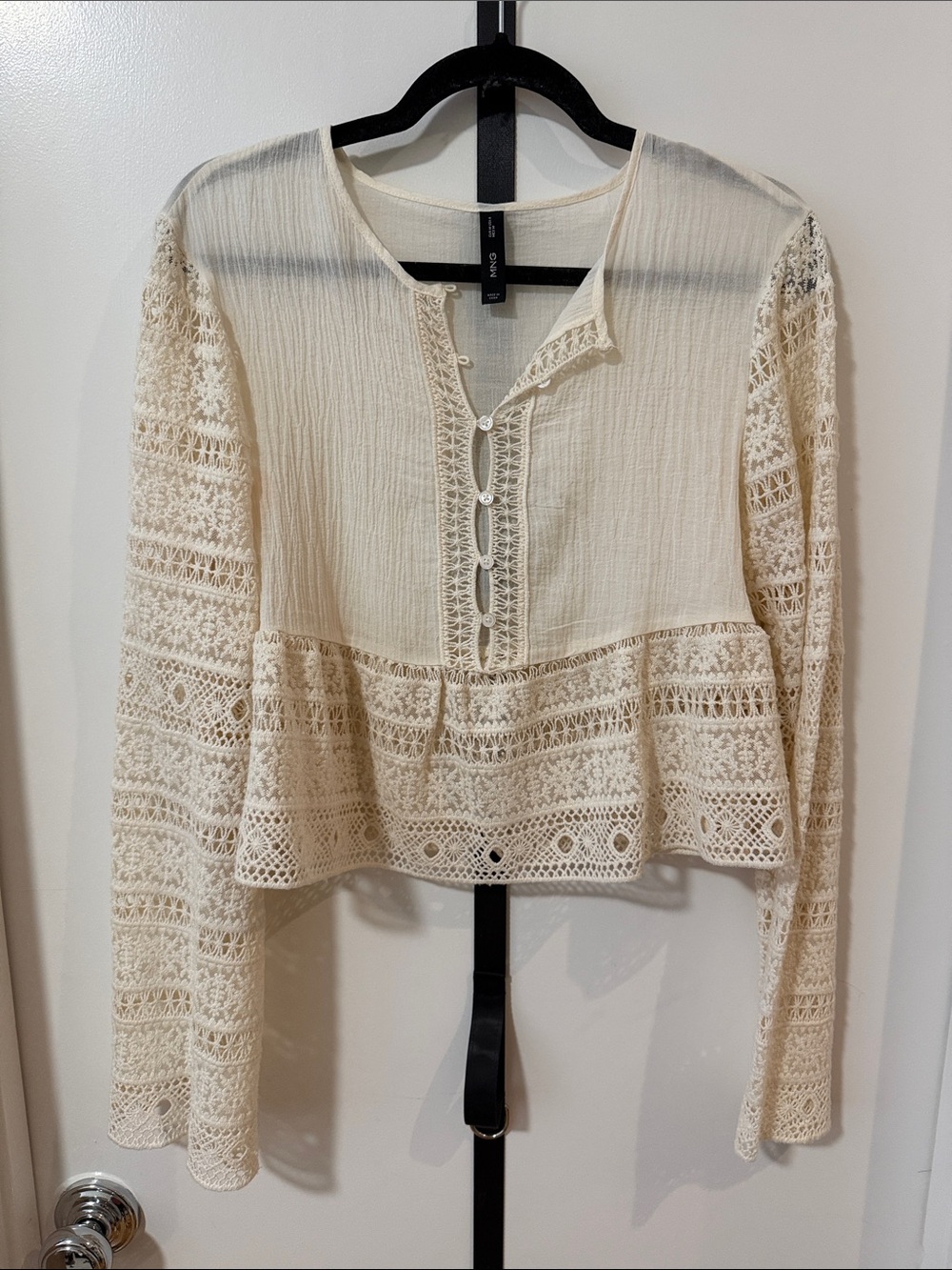 Mango Cream Crochet-Panel Peplum Blouse